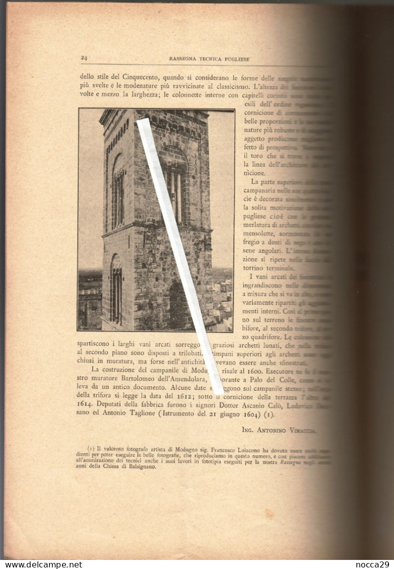 RIVISTA DEL 1910 - RASSEGNA TECNICA PUGLIESE - IL CAMPANILE DI MODUGNO (BARI) (STAMP333) - Textes Scientifiques