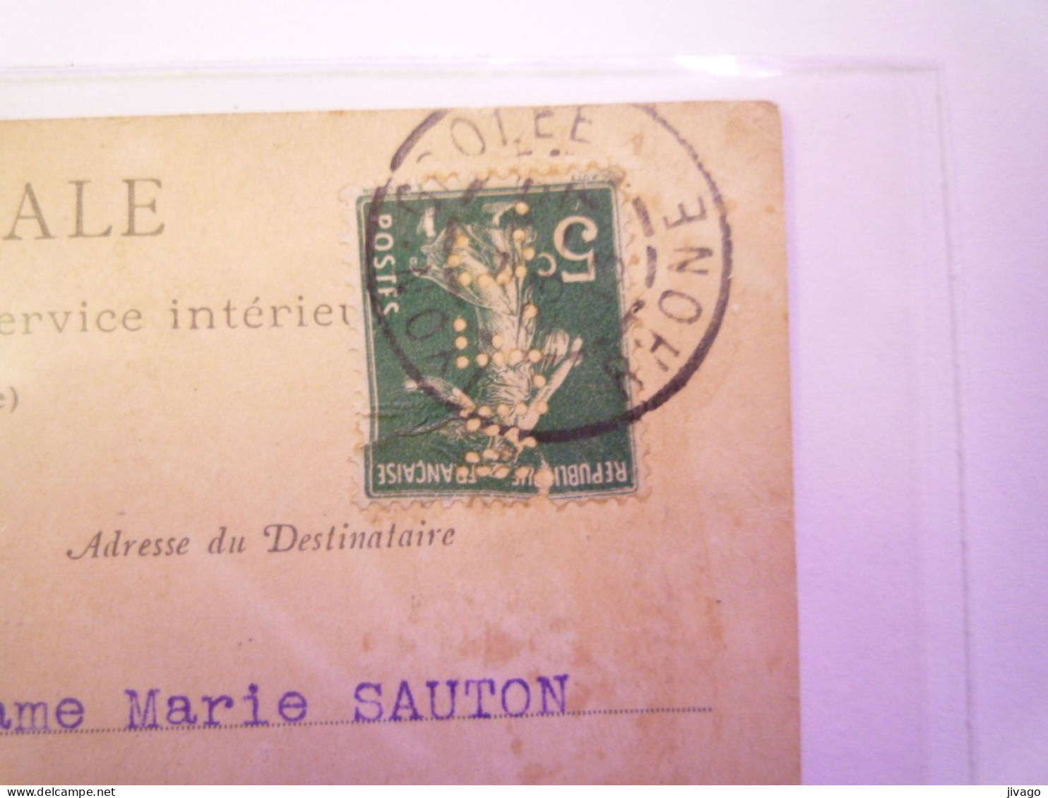 2024 - 636  SEMEUSE 5 C  Perforée   MFC  (Mutuelle De France Et Des Colonies)  Sur Carte Postale  1913   XXX - Storia Postale