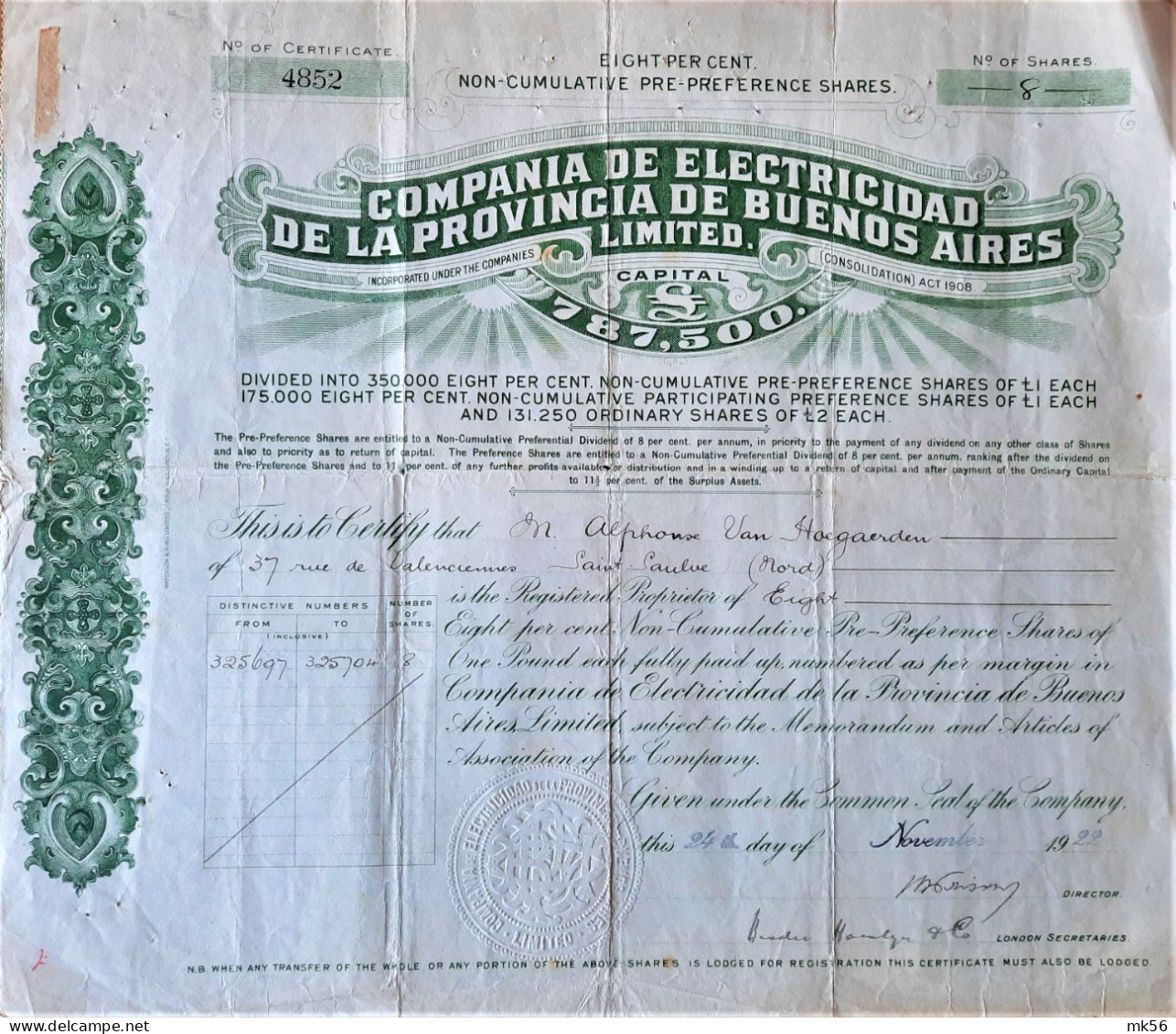 Compania De Electricidad De La Provincia De Buenos Aires (1922) - Certificat Nom. Au Nom De Alphonse Van Hoegaerden - Electricité & Gaz