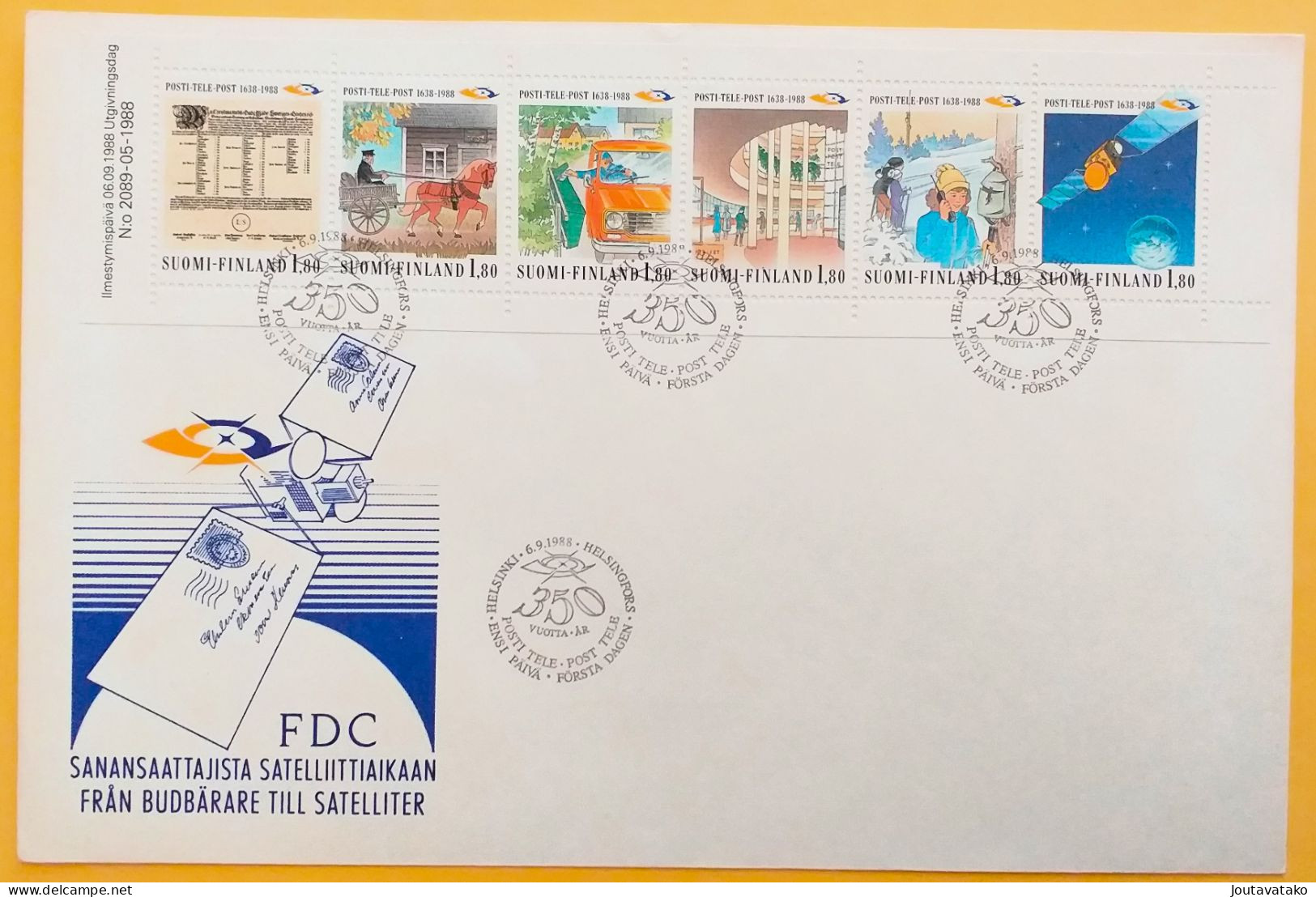 Finland FDC 1988 - 350 Years Post And Telegraph In Finland - Finnish Post & Telecommunications - MiNo Booklet 23 - FDC