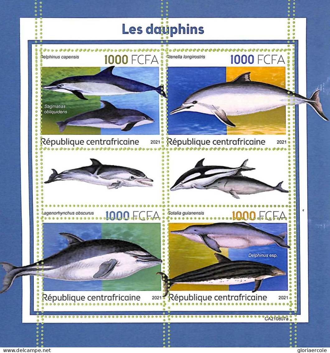 A7326 - CENTRAFRICAINE - ERROR MISPERF Stamp Sheet - 2021 -Dolphins, Marine Life - Delfines
