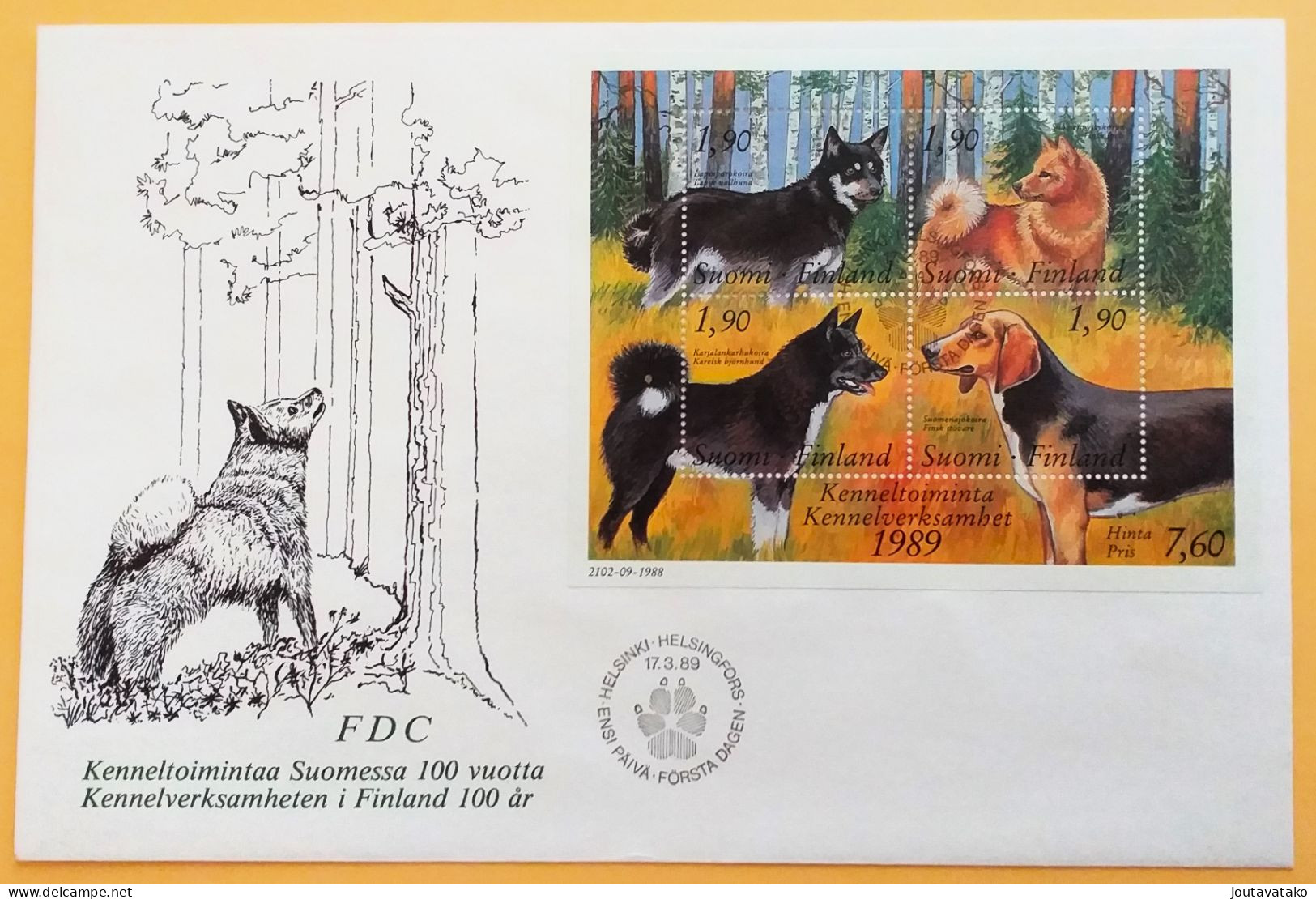 Finland FDC 1989 - 100 Years Union Of Finnish Dog Breeders - MiNo Block 5 - FDC