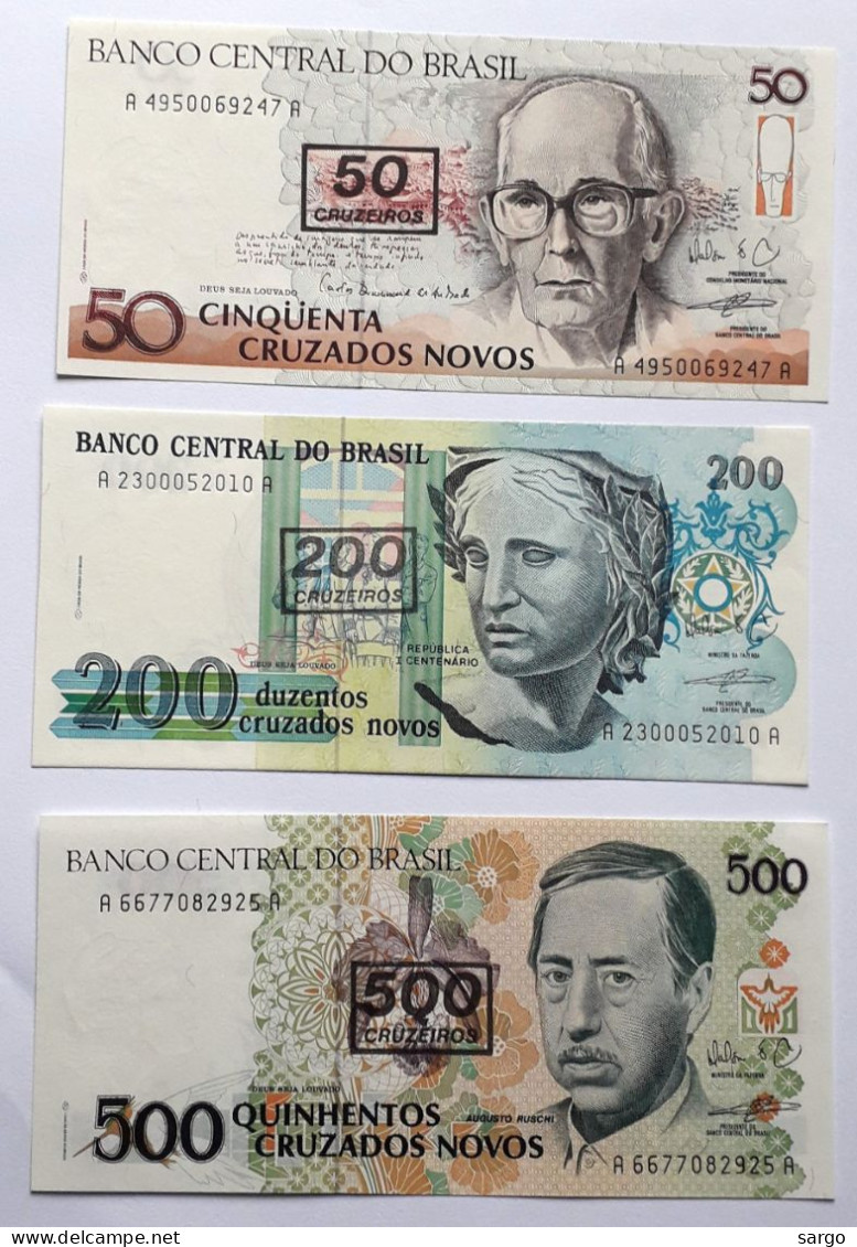 BRAZIL - 50,200,500 CRUZEUROS ON CRUZADOS NOVOS - P  223,225,226  (1990) - 3 PCS - UNC - BANKNOTES - PAPER MONEY - - Brazil