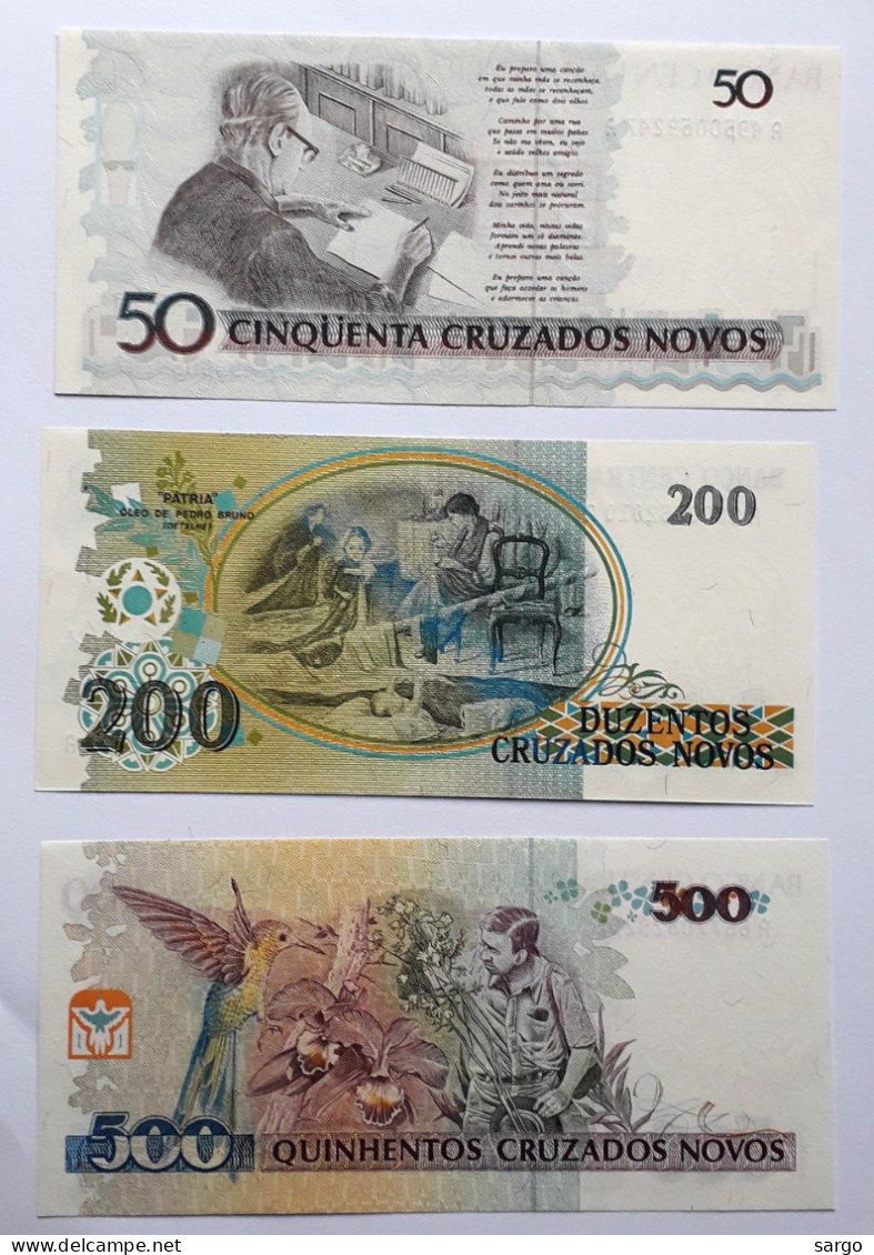 BRAZIL - 50,200,500 CRUZEUROS ON CRUZADOS NOVOS - P  223,225,226  (1990) - 3 PCS - UNC - BANKNOTES - PAPER MONEY - - Brazil