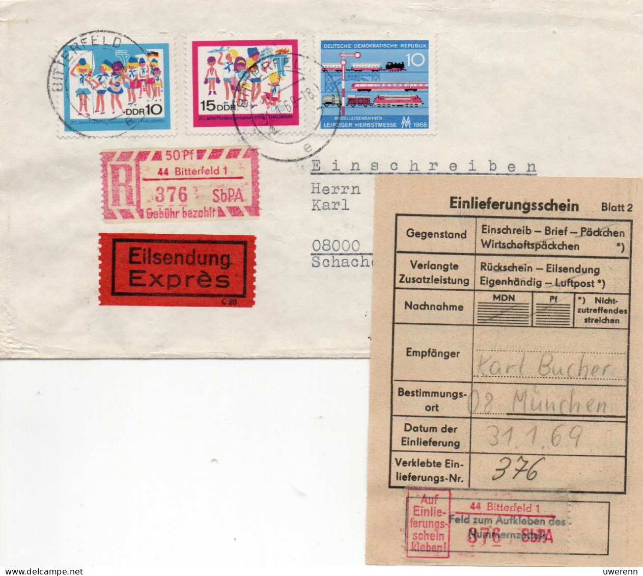 DDR 1969. Einschreibemarke SbPA Gebr., EM 2B-44-1I(1) Brief - R-Zettel