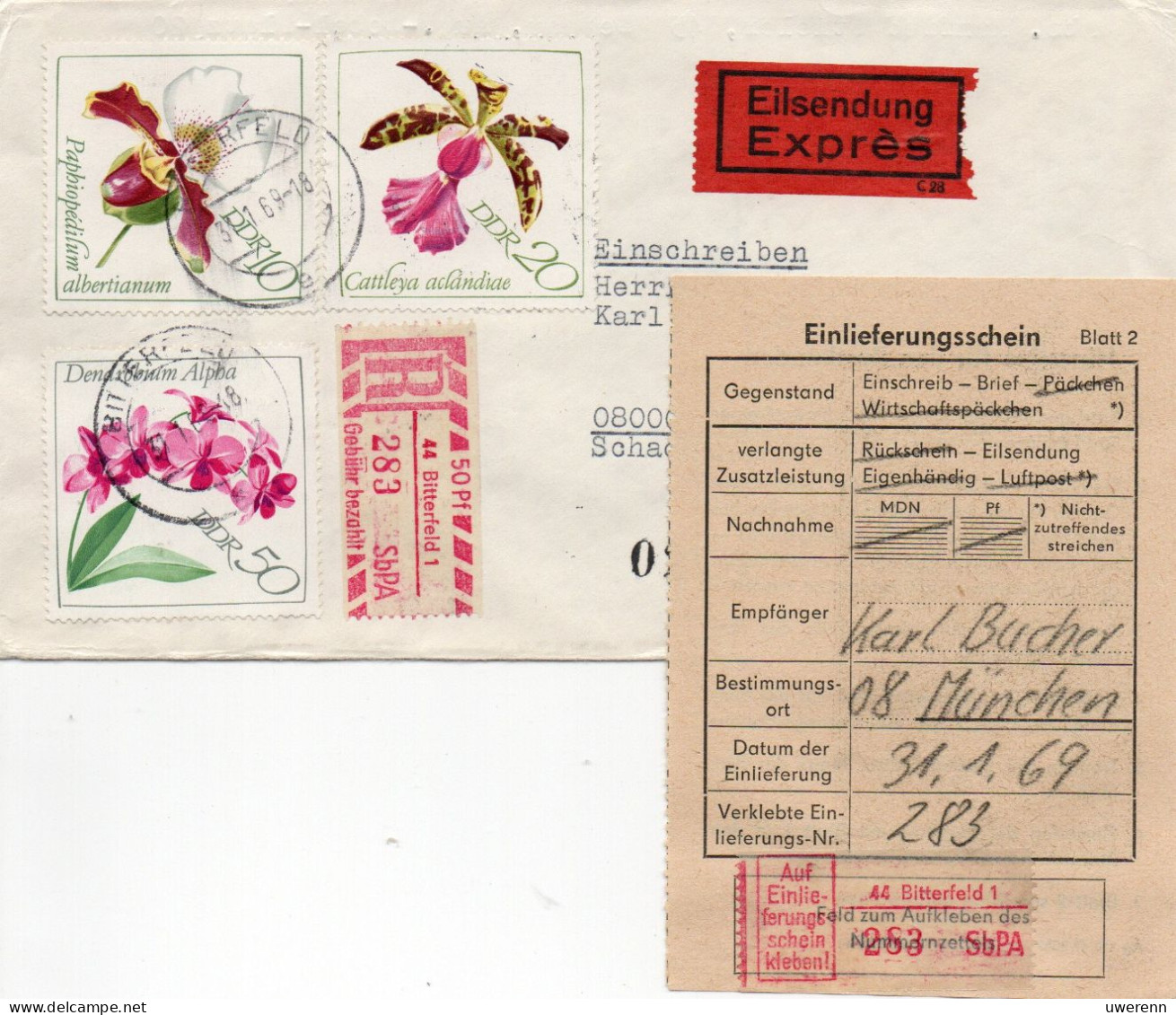 DDR 1969. Orchideen 2 Briefe, Einschreibemarke SbPA Gebr., EM 2B-44-1I(1) Brief - Aangetekende Etiketten