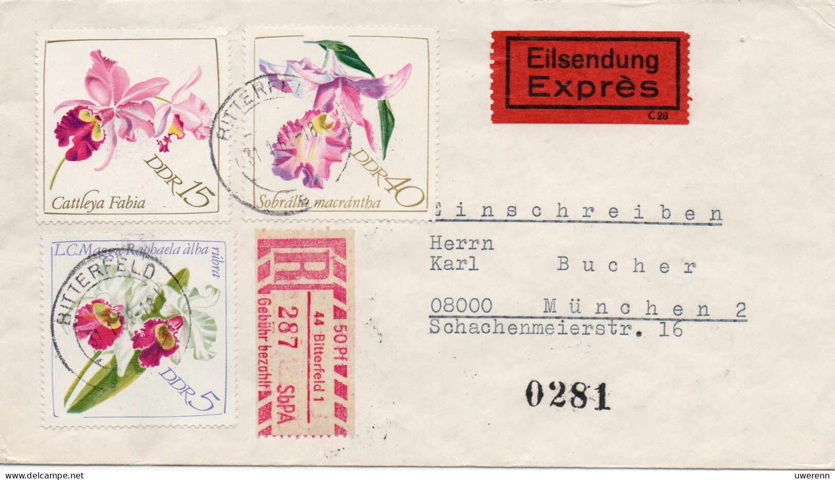DDR 1969. Orchideen 2 Briefe, Einschreibemarke SbPA Gebr., EM 2B-44-1I(1) Brief - Aangetekende Etiketten