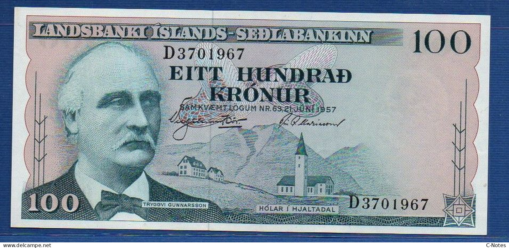 ICELAND - P.40 – 100 Krónur L. 21.06.1957 UNC, S/n D3701967 - Island