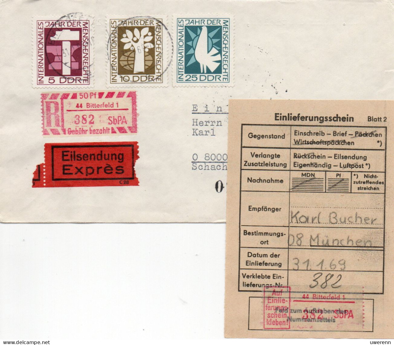 DDR 1969. Jahr Der Menschenrechte, Einschreibemarke SbPA Gebr., EM 2B-44-1I(1) Satzbrief - Etiquetas De Certificado