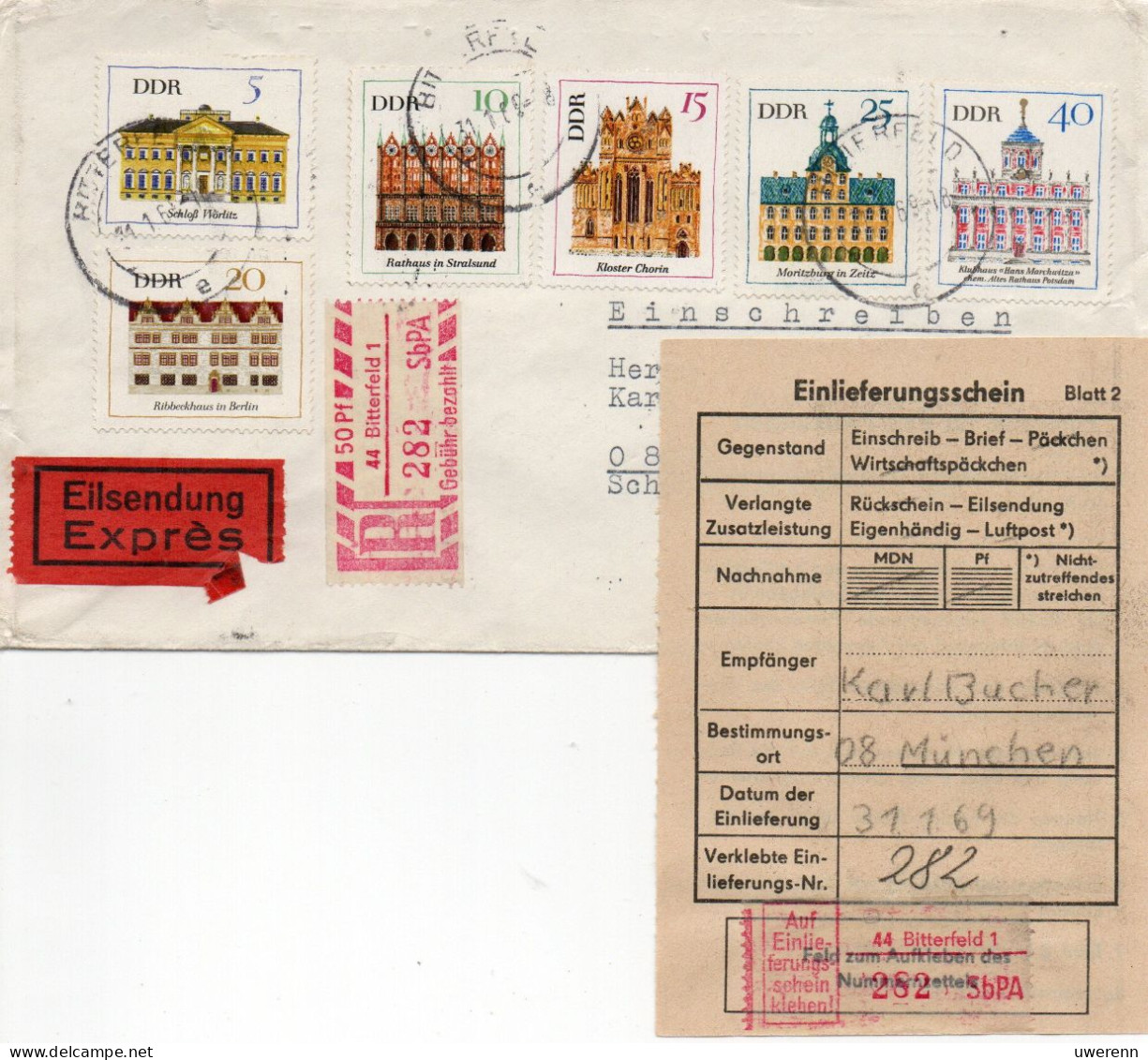 DDR 1969. Bedeutende Bauwerke (I), Einschreibemarke SbPA Gebr., EM 2B-44-1I(1) Satzbrief - R-Zettel