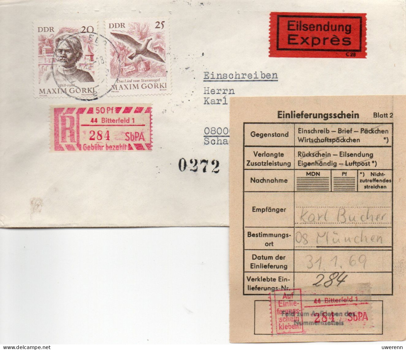 DDR 1969. Maxim Gorki, Einschreibemarke SbPA Gebr., EM 2B-44-1I(1) Satzbrief - R-Zettel