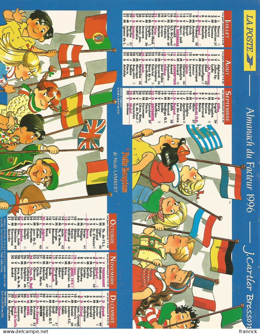 ALMANACH CALENDRIER DU FACTEUR 1996 MILLESIME EXTRA! PETITS EUROPEENS  DRAPEAUX NATIONAUX - Petit Format : 1991-00