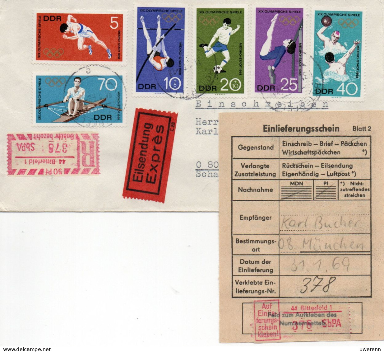 DDR 1969. Olympische Spiele Mexiko, Einschreibemarke SbPA Gebr., EM 2B-44-1I(1) Satzbrief - Labels For Registered Mail