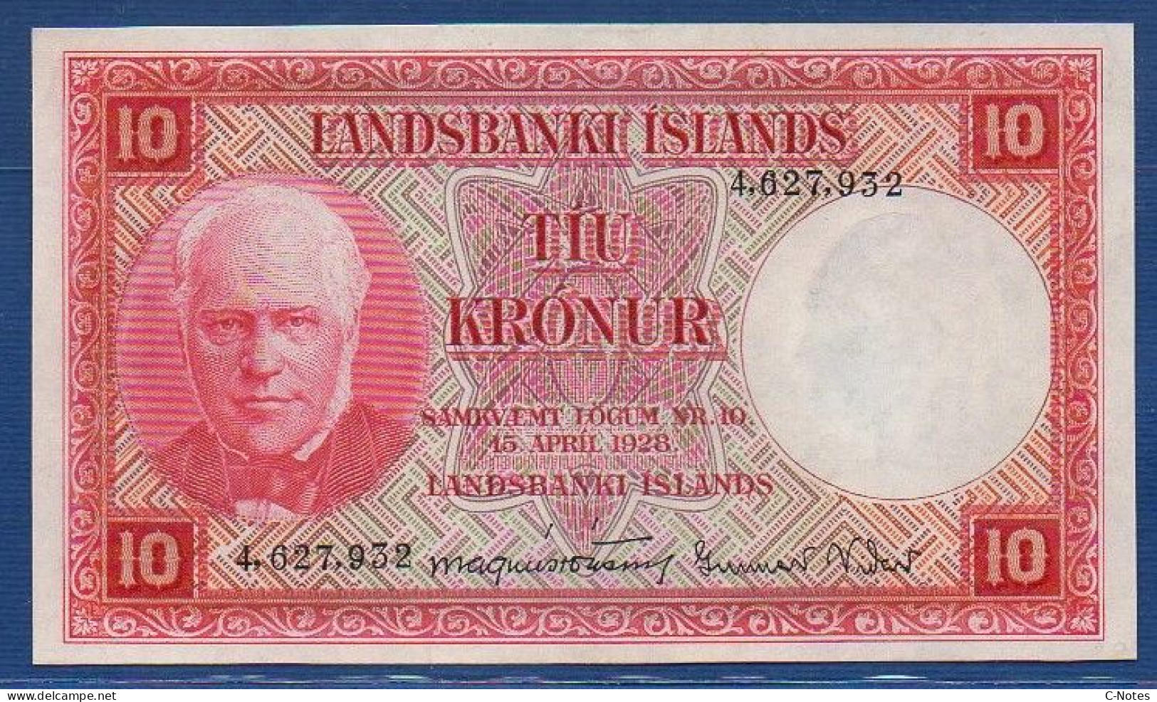 ICELAND - P.33 A5 – 10 Krónur L. 15.04.1928, UNC, S/n 4,627,932 Signatures: Magnús Jónsson & Gunnar Viðar - Iceland