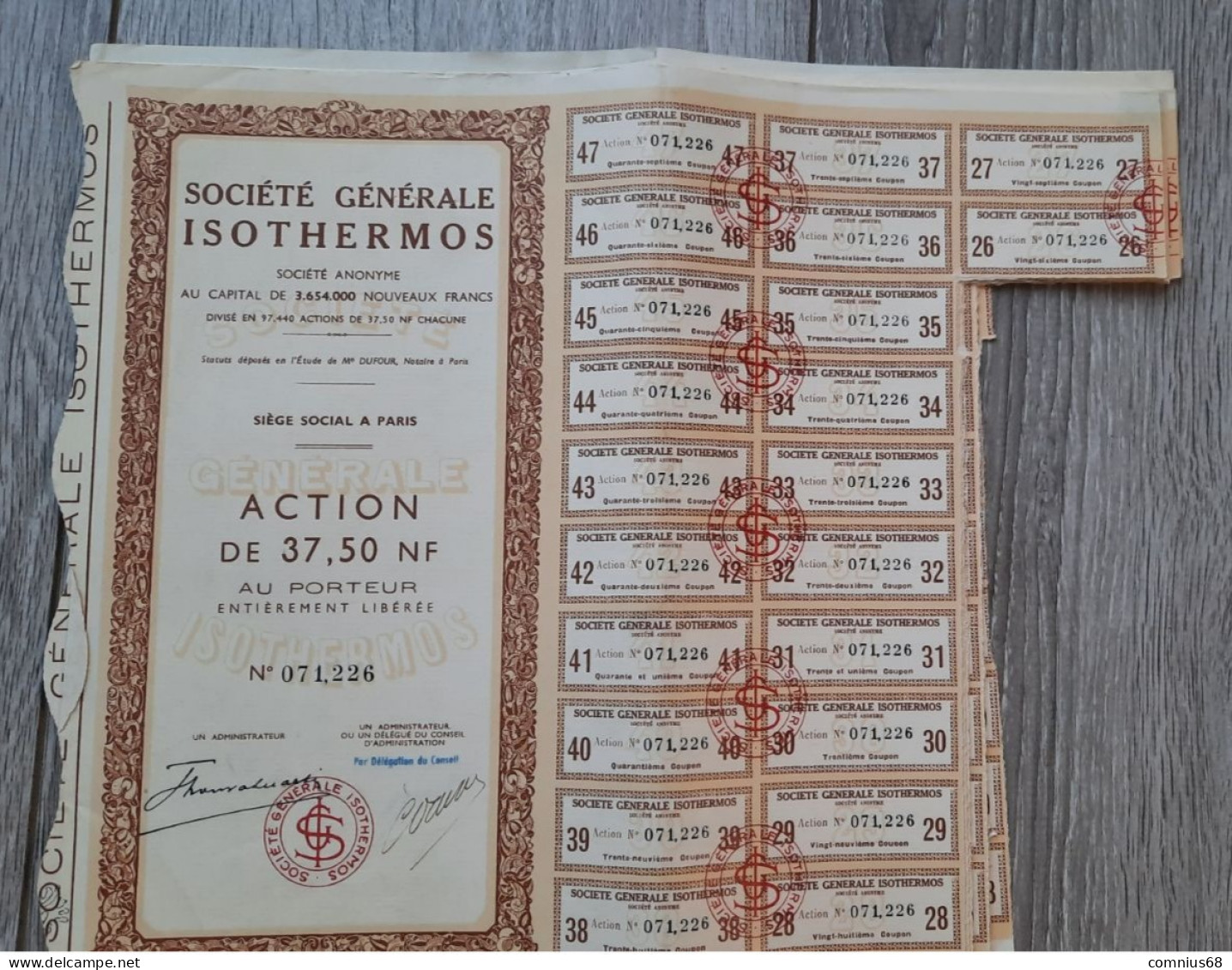 Action 37,50 Nouveaux Francs - Société Générale Isothermos - S - V