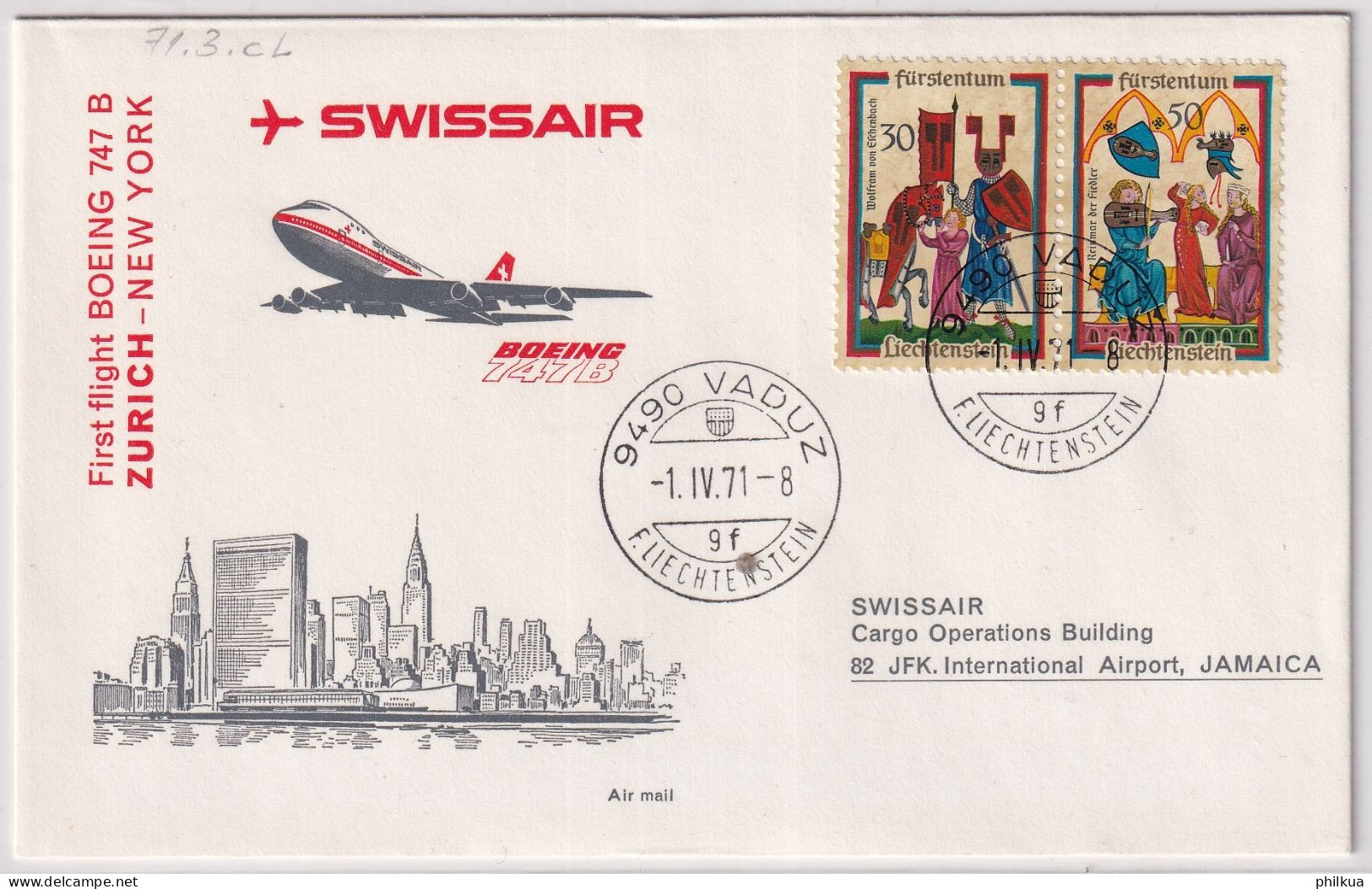 71.3.cL - SWISSAIR Boeing 747B Erstflug Zürich New York - Gelaufen Ab Liechtenstein - Posta Aerea