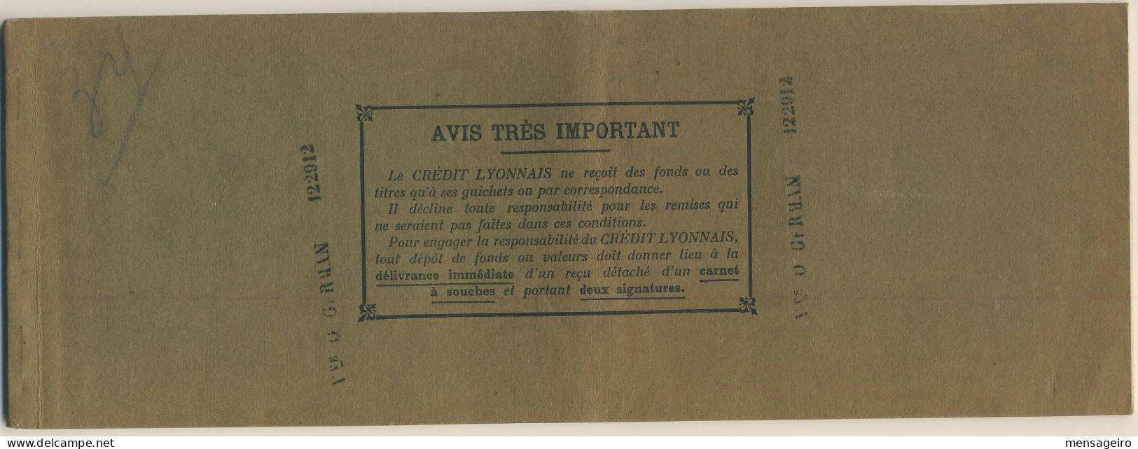 (C11) - CARNET DE CHEQUES CREDIT LYONNAIS MARSEILLE - ANNEES 1930 - Chèques & Chèques De Voyage