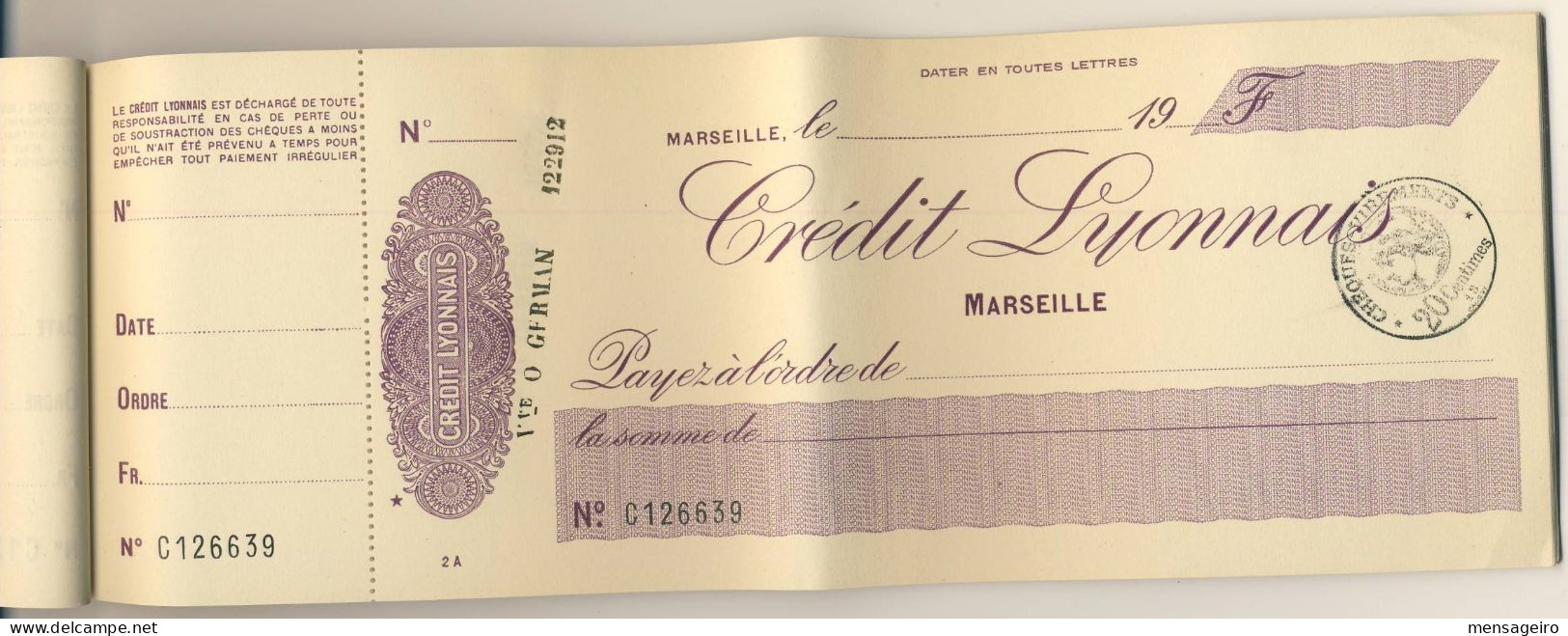 (C11) - CARNET DE CHEQUES CREDIT LYONNAIS MARSEILLE - ANNEES 1930 - Chèques & Chèques De Voyage