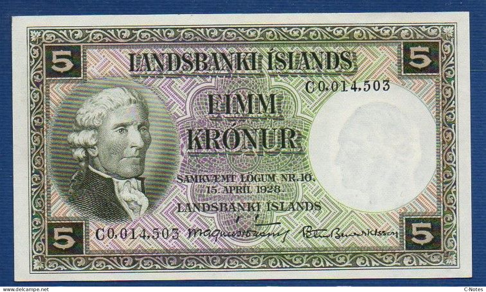 ICELAND - P.32 B6 – 5 Krónur L. 15.04.1928, UNC, S/n C0,014,503 Signatures: Magnús Jónsson & Pétur Benediktsson - Islandia