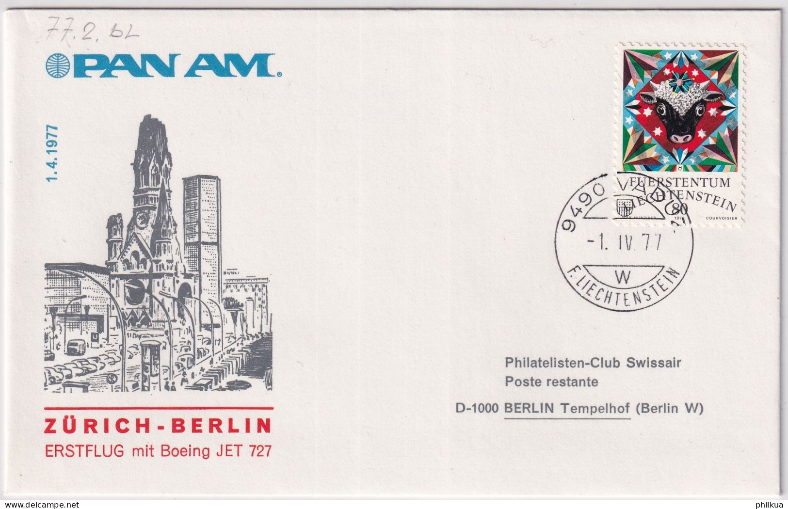 77.2.  BL - PAN-AM Boeing Jet 727 Erstflug Zürich - Berlin - Gelaufen Ab Liechtenstein - Luchtpostzegels