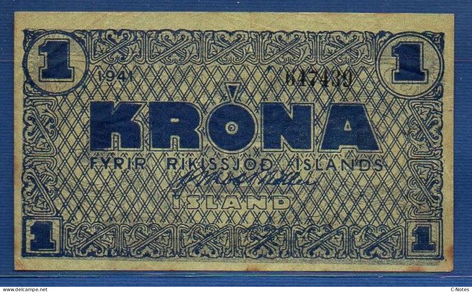 ICELAND - P.22K – 1 Króna 1941, Circulated - AVF, S/n 647439 - Islande