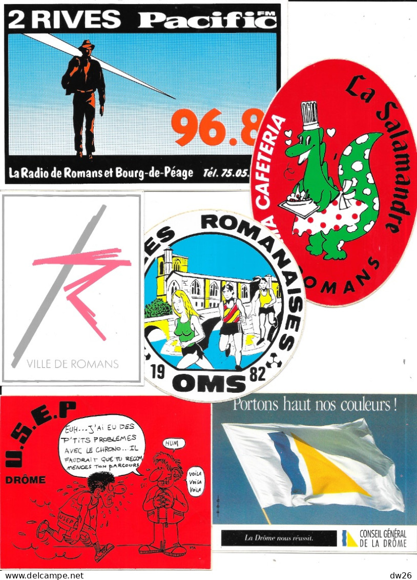 Lot De 6 Autocollants De Romans Et Drôme (Radio, U.S.E.P. Foulées Romanaises, Restaurant...) - Reclame