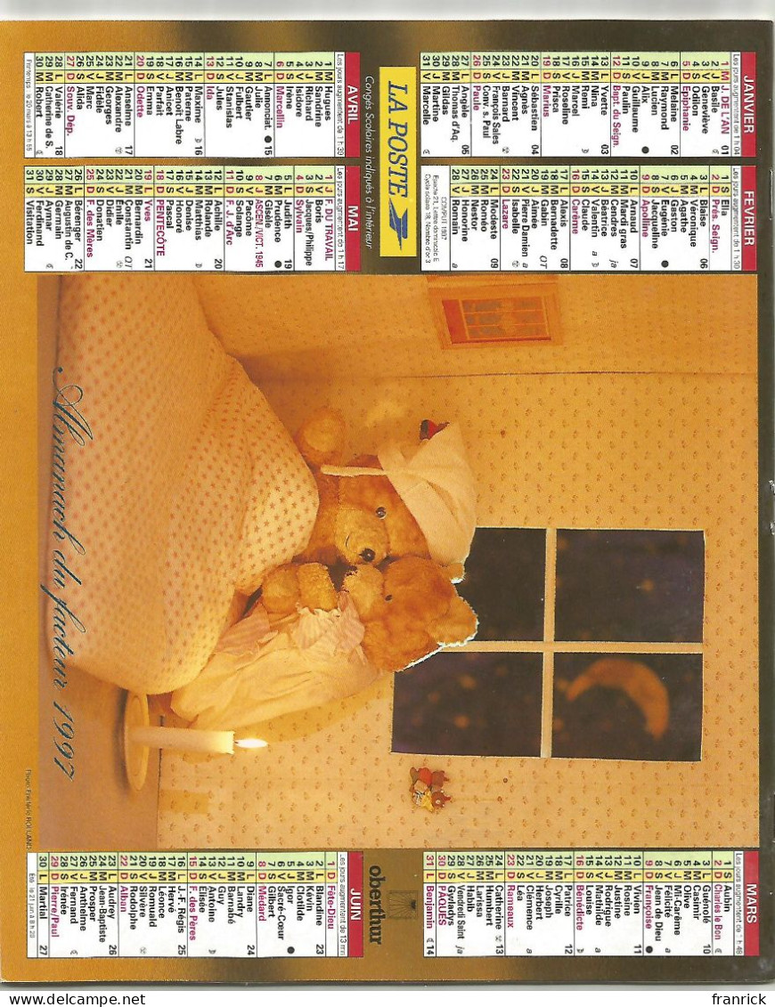 ALMANACH 1997 OBERTHUR CALENDRIER DU FACTEUR OURS PELUCHE AU BAIN & AU COUCHER - Petit Format : 1991-00