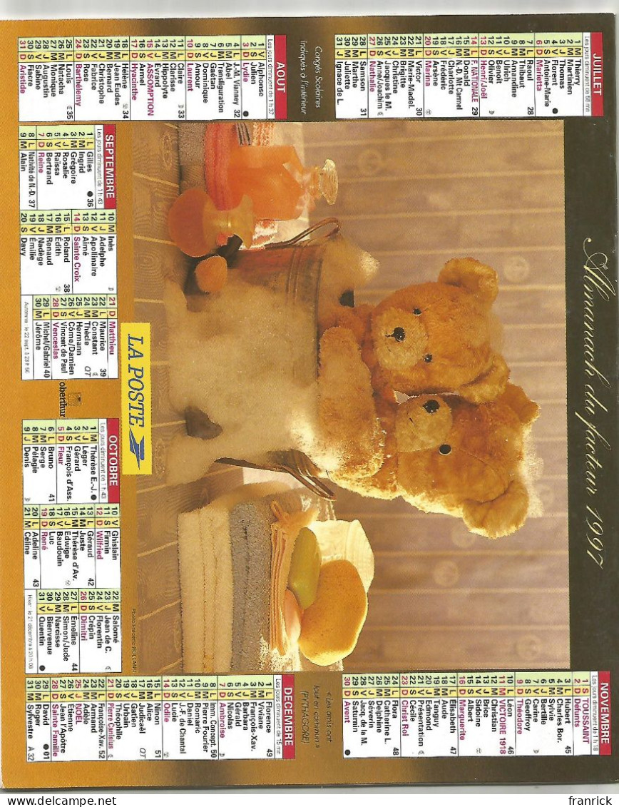 ALMANACH 1997 OBERTHUR CALENDRIER DU FACTEUR OURS PELUCHE AU BAIN & AU COUCHER - Petit Format : 1991-00