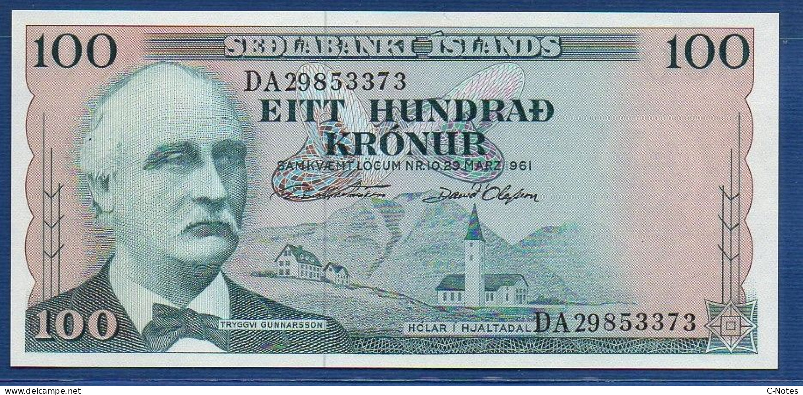ICELAND - P.44 A11 – 100 Krónur L. 29.03.1961 UNC, S/n DA29853373 - Signatures: G. Hjartarson & D. Olafsson - Island