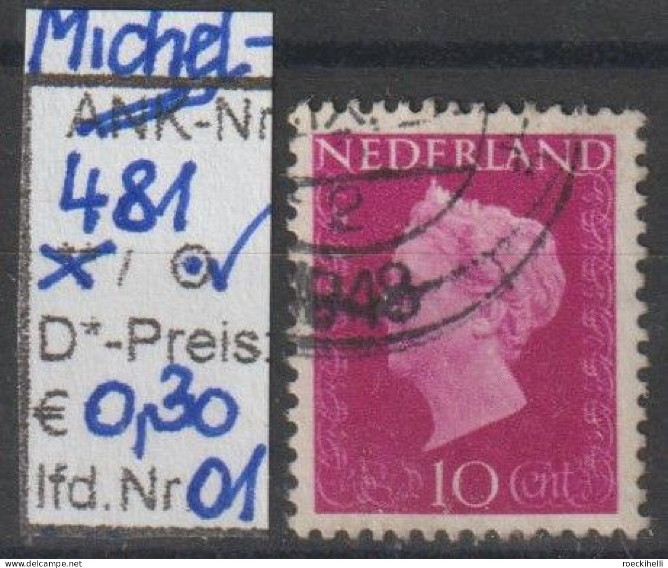 1947 - NIEDERLANDE - FM/DM "Königin Wilhelmina" 10 C Rotviolett - O Gestempelt - S. Scan (481o 01-08 Nl) - Gebruikt