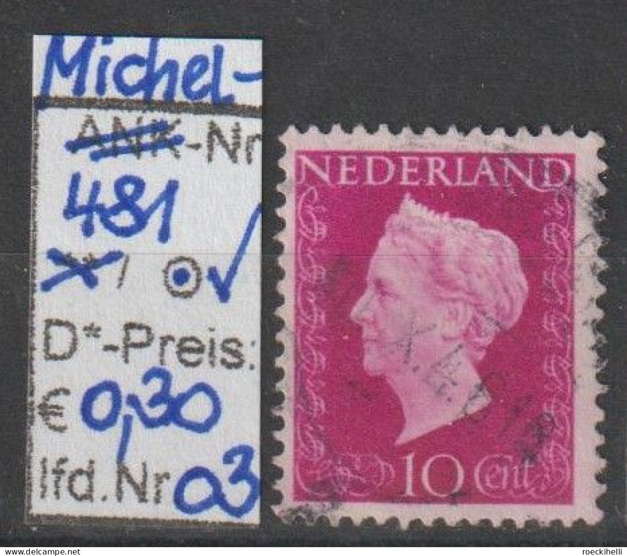 1947 - NIEDERLANDE - FM/DM "Königin Wilhelmina" 10 C Rotviolett - O Gestempelt - S. Scan (481o 01-08 Nl) - Gebruikt