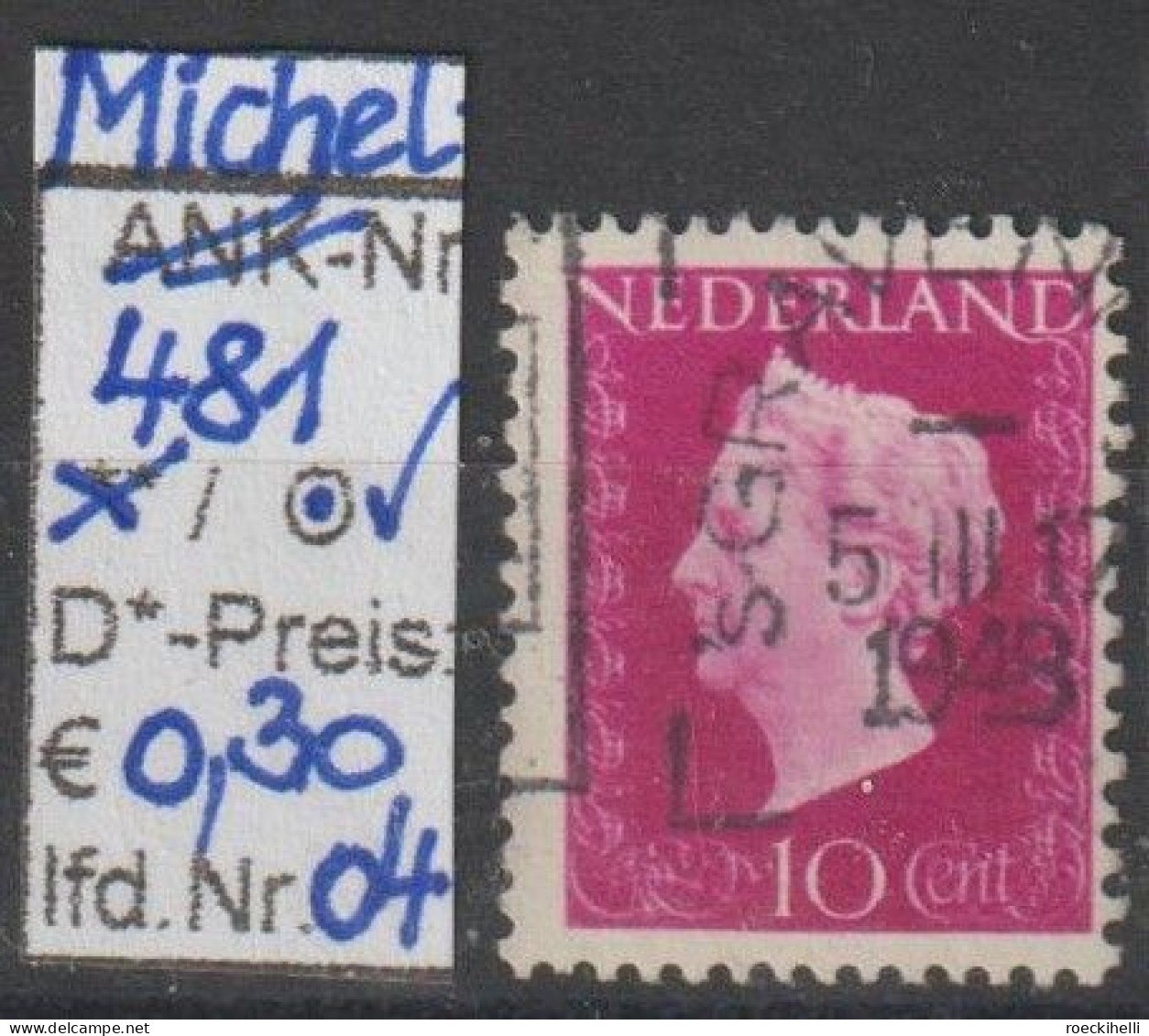 1947 - NIEDERLANDE - FM/DM "Königin Wilhelmina" 10 C Rotviolett - O Gestempelt - S. Scan (481o 01-08 Nl) - Gebruikt