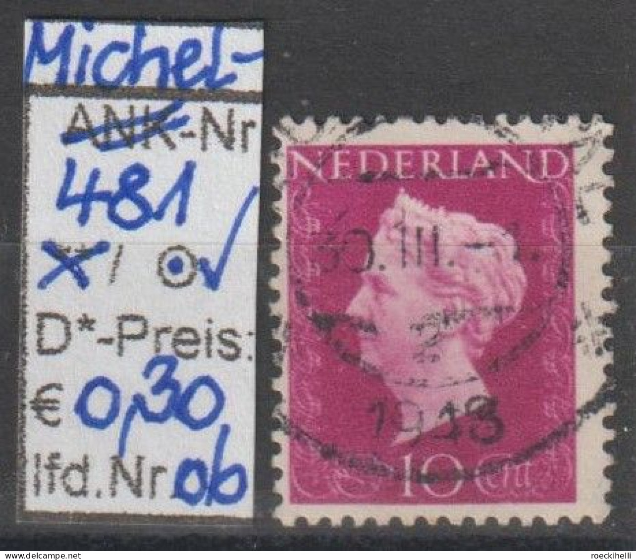 1947 - NIEDERLANDE - FM/DM "Königin Wilhelmina" 10 C rotviolett - o gestempelt - s. Scan (481o 01-08 nl)