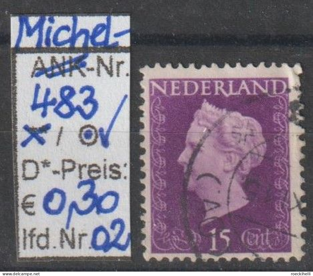 1947 - NIEDERLANDE - FM/DM "Königin Wilhelmina" 15 C Purpur - O Gestempelt - S. Scan (483o 01-02 Nl) - Gebruikt