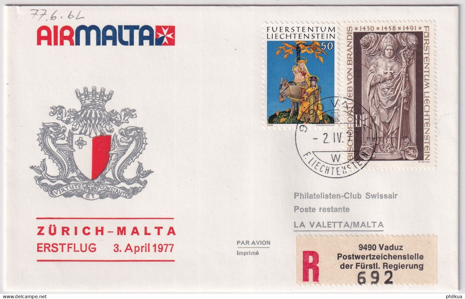 77.6.  BL - AIR MALTA Erstflug Zürich - Malta - Gelaufen Ab Liechtenstein - Poste Aérienne