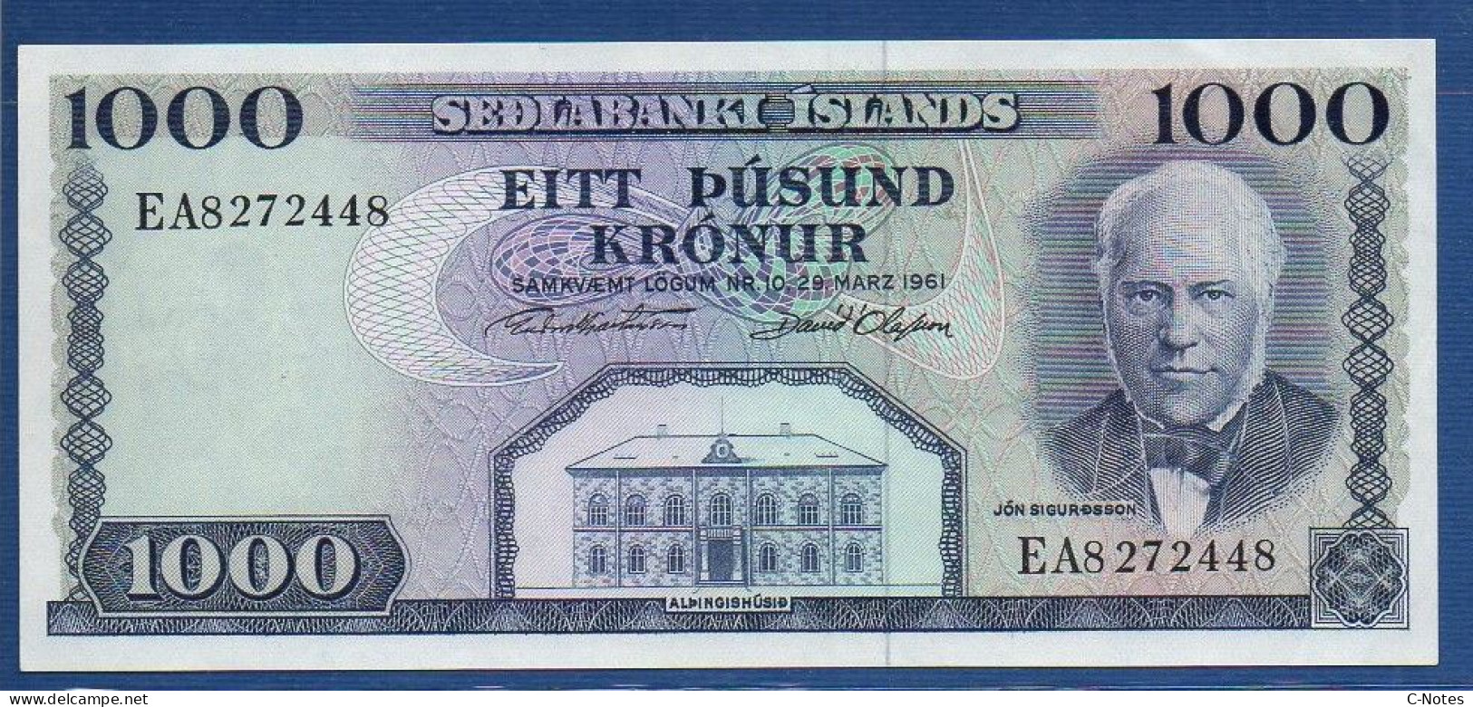 ICELAND - P.46 A10 – 1000 Krónur L. 29.03.1961 XF/AU, S/n EA8272448 - Signatures: G. Hjartarson & D. Olafsson - Islande
