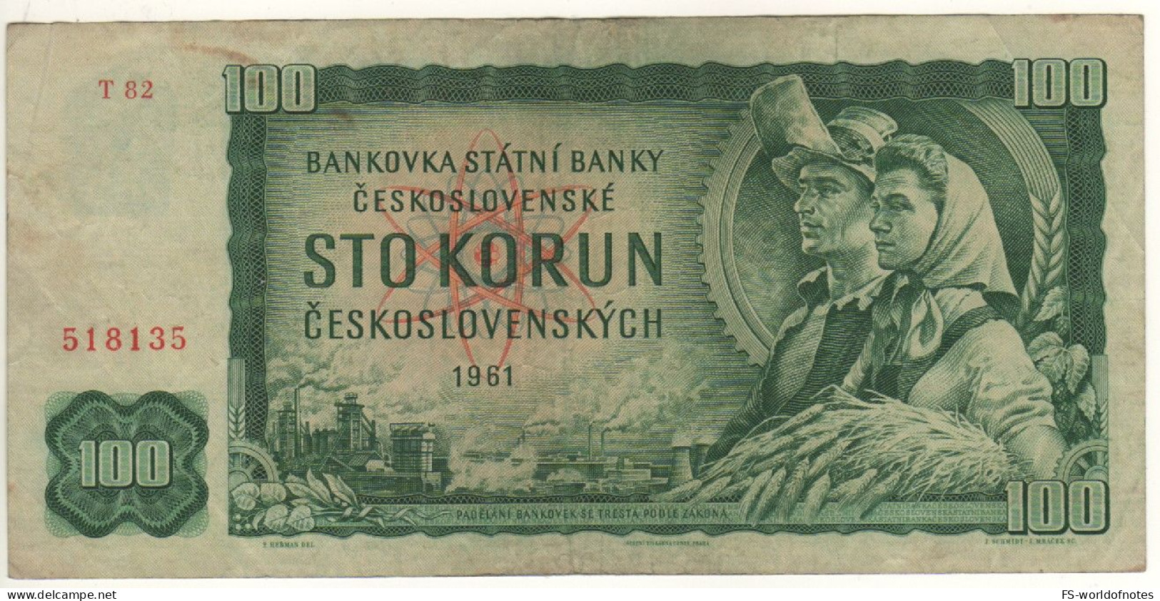 CZECHOSLOVAKIA   100 Korun  Dated 1961  P91g    Prefix T  "Worker, Peasant Woman + Charles Bridge At Back " - Cecoslovacchia