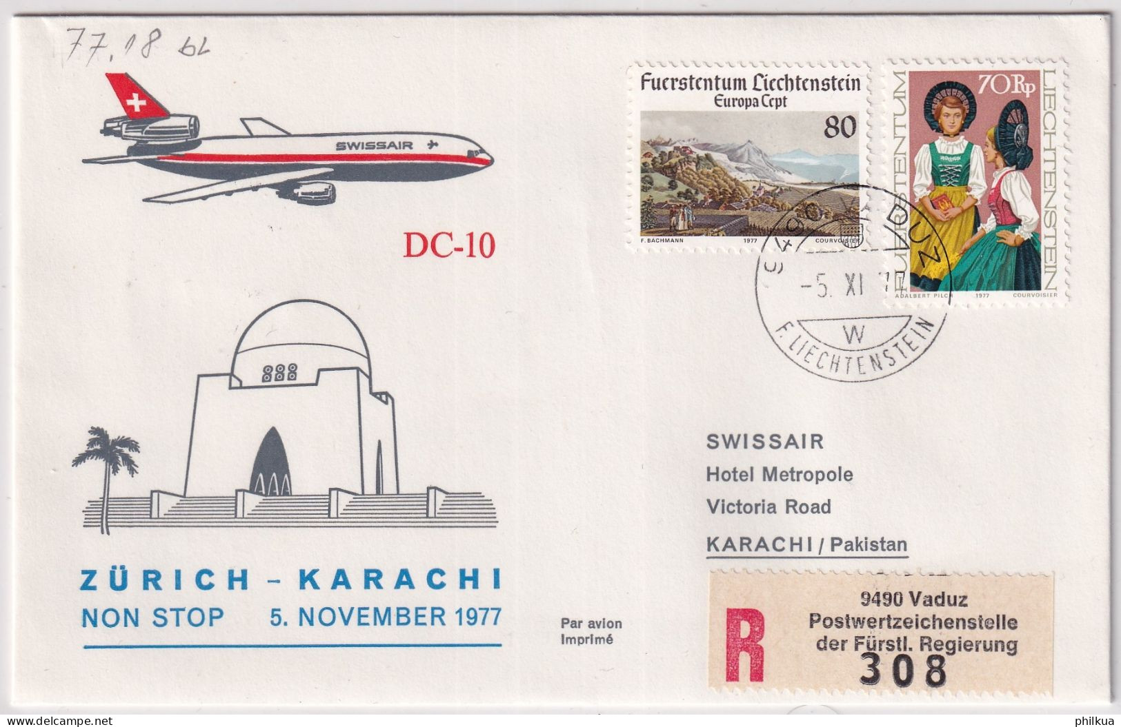 77.18.  BL - SWISSAIR Erster DC-10 Non Stop Flug Zürich - Karachi - Gelaufen Ab Liechtenstein - Luchtpostzegels