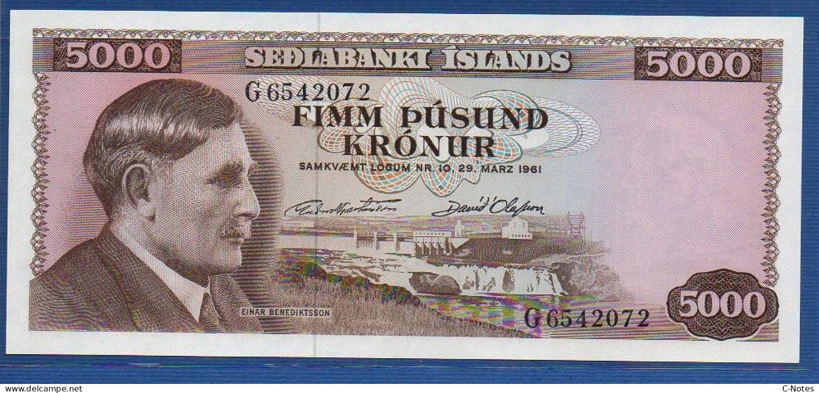 ICELAND - P.47 A6 – 5000 Krónur L. 29.03.1961 UNC, S/n G6542072 - Signatures: G. Hjartarson & D. Olafsson - Island