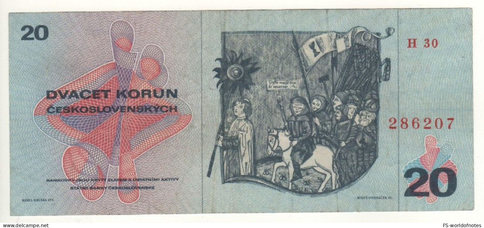 CZECHOSLOVAKIA   20 Korun  Dated 1970  P92b    Prefix H  " Jan Žižka + Scene From The Hussite Wars At Back " - Tsjechoslowakije