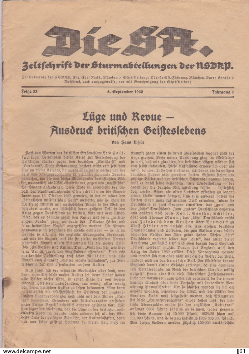 DIESA JOURNAL ALLEMAND BEITFCHRIFT DER STURMABTEILUNGEN DER NSDRP ANNEE 1940 24 PAGES MILITAIRE MASQUES A GAZ GUERRE - 1900 – 1949