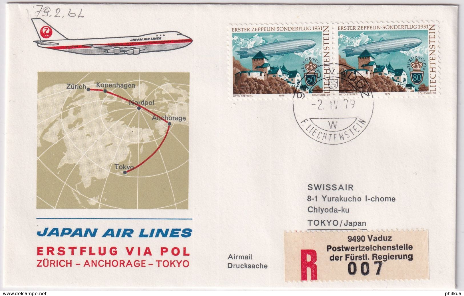 79.1.  BL - Japan Air Lines Erstflug Vir Nordol Zürich - Anchorge - Tokyo - Gelaufen Ab Liechtenstein - Aéreo