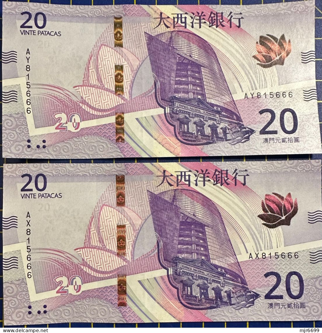 MACAU, MACAO - 2020 BANCO NACIONAL ULTRAMARINO 20 PATACAS UNC X 2 SAME NUMBERS - Macau