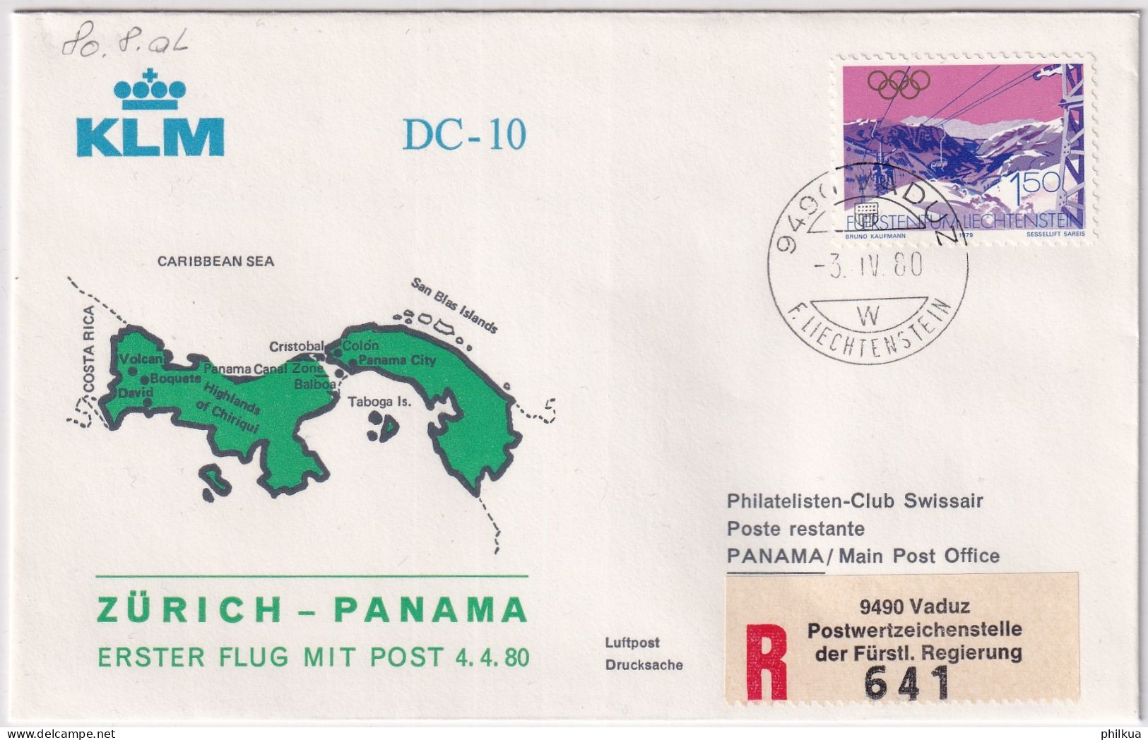 80.8. AL - KLM DC-10 Erster Flug Mit Post Zürich - Panama- Gelaufen Ab Liechtenstein - Posta Aerea