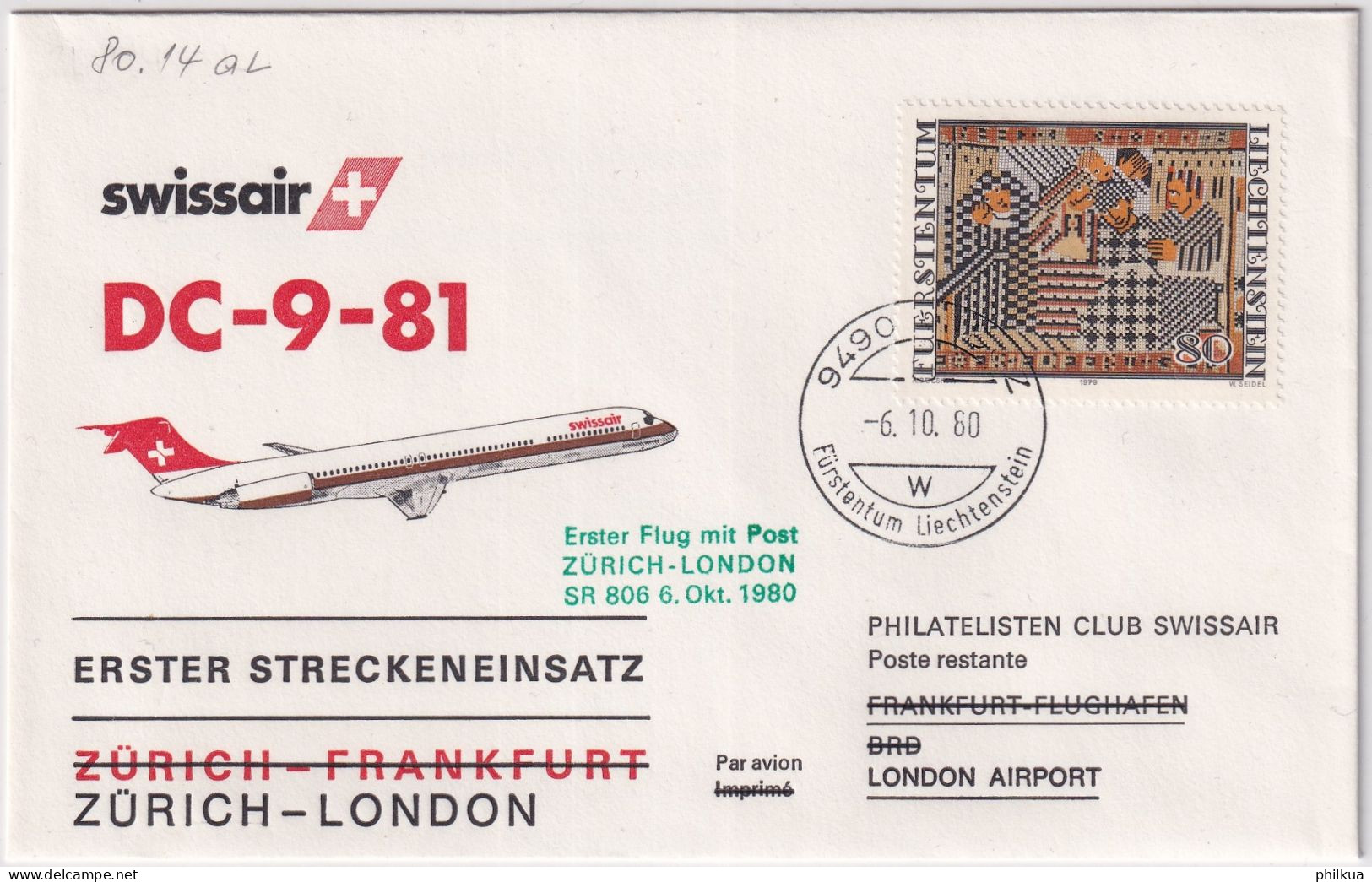 80.14. AL - SWISSAIR DC-9-81 Erster Streckeneinsatz Zürich - London - Gelaufen Ab Liechtenstein - Posta Aerea