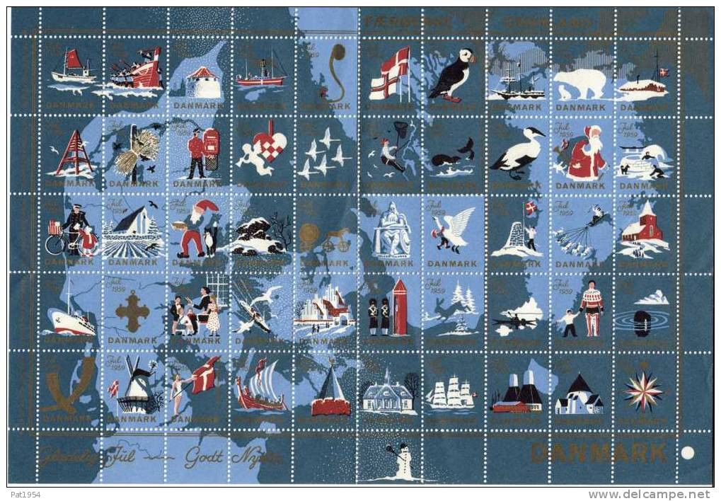 Feuille De Vignettes De Noël Du Danemark 1959 Neuve - Plaatfouten En Curiosa