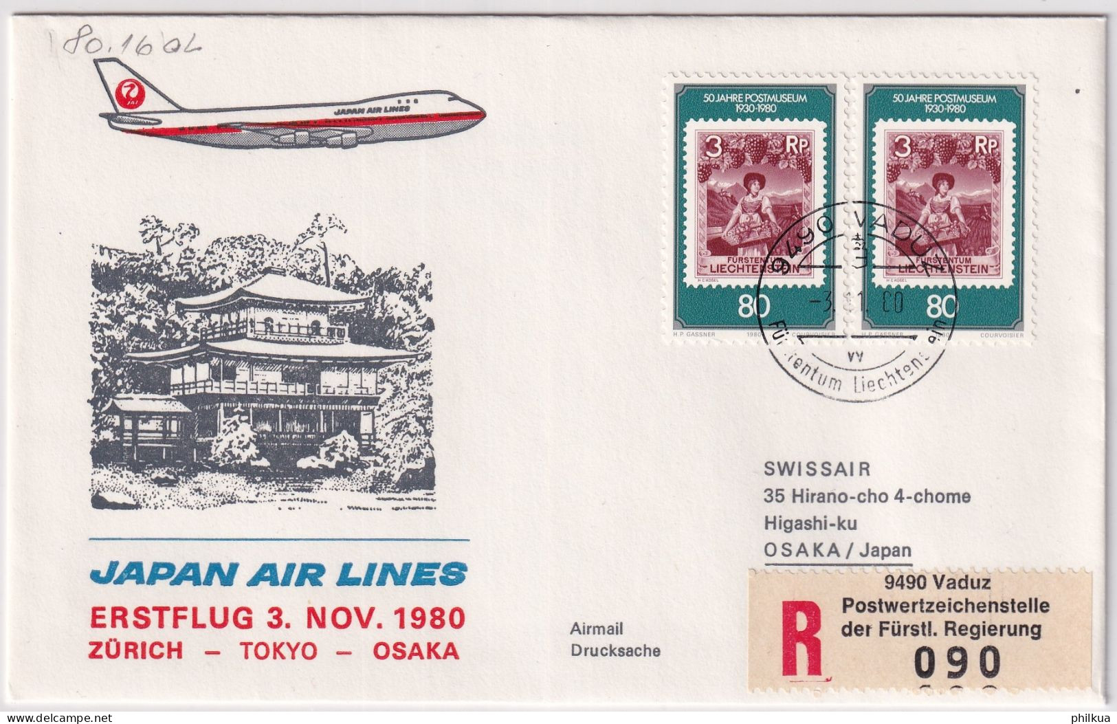 80.16. AL - Japan Air Lines Erstflug Zürich - Tokyo - Osaka - Gelaufen Ab Liechtenstein - Aéreo