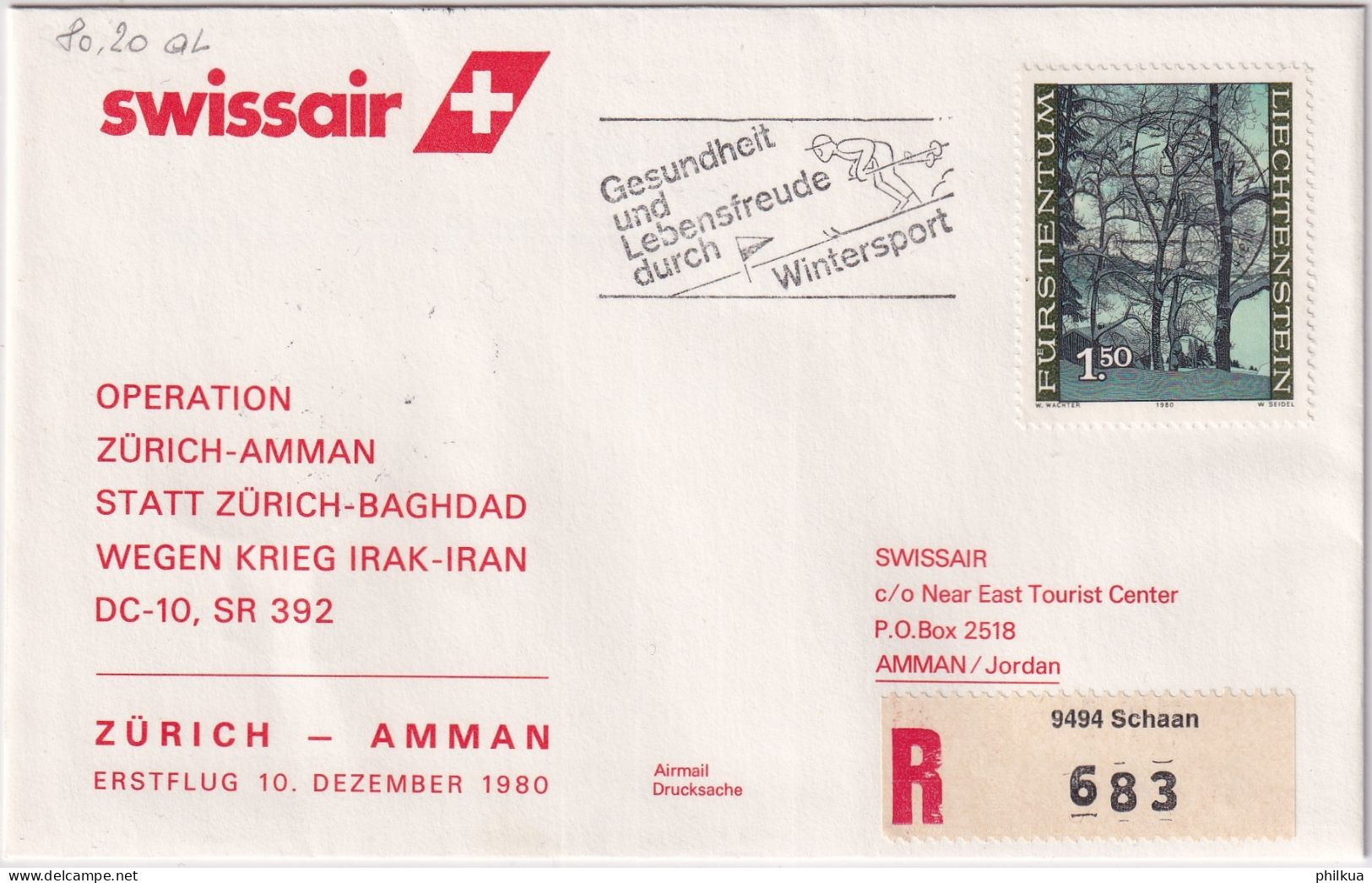 80.16. AL - SWISSAIR Erstflug Zürich - Amman - Gelaufen Ab Liechtenstein - Poste Aérienne
