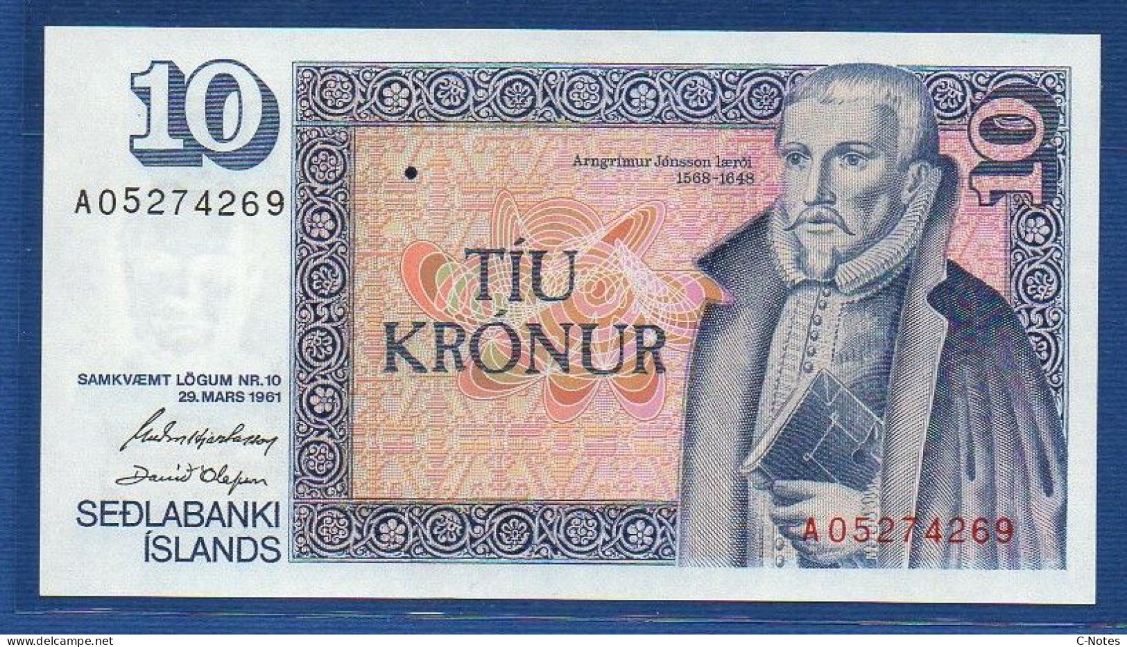 ICELAND - P.48 A3 – 10 Krónur L. 29.03.1961 UNC, S/n A05274269 - Signatures:  G. Hjartarson & D. Olafsson - Islandia