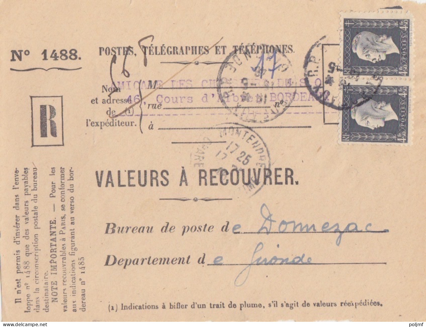 Lettre Valeurs A Recouvrer 1488 Rec. Obl. Bordeaux RP Le 15/5/46 Sur 4f50 Dulac X 2 N° 696 (tarif Du 1/1/46) - 1944-45 Marianne (Dulac)